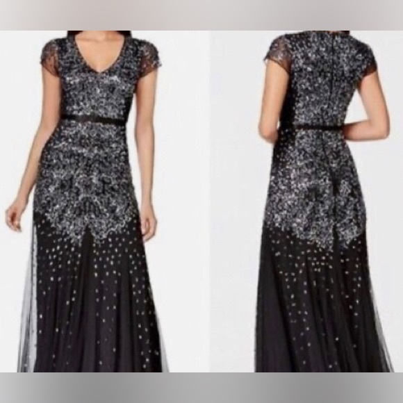Adrianna Papell Beaded Cap Sleeve Gown, Black, size 6 US,Formal Long Dress, maxi - Picture 2 of 8